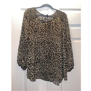 2X Olive Green Leopard Long Sleeve Blouse